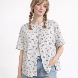 Floral 90s Grandma Top Womens Cottagecore Button Front White S Prairie‎ Eyelet